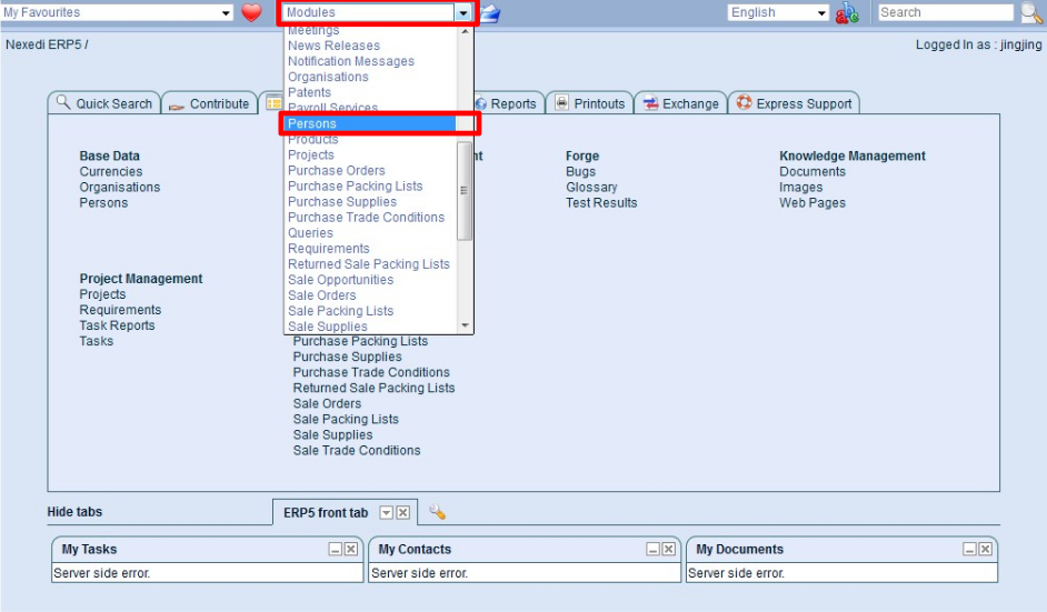 Open the ERP5 Modules list to reach the person's page