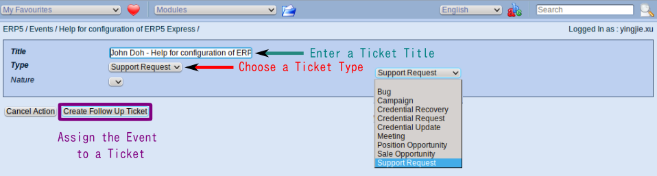 Set Ticket title, type and nature