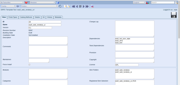 ERP5 | Open Source ERP - Screenshot Business Template Forge Git Tab
