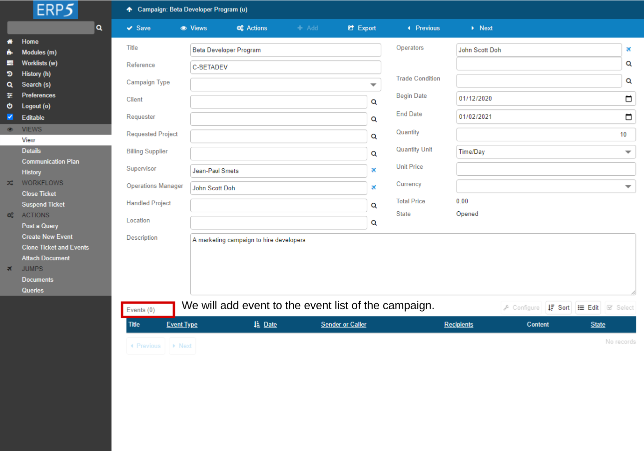 The screenshot of a newly opened Campaign Ticket shows that we will create new Event from the Ticket