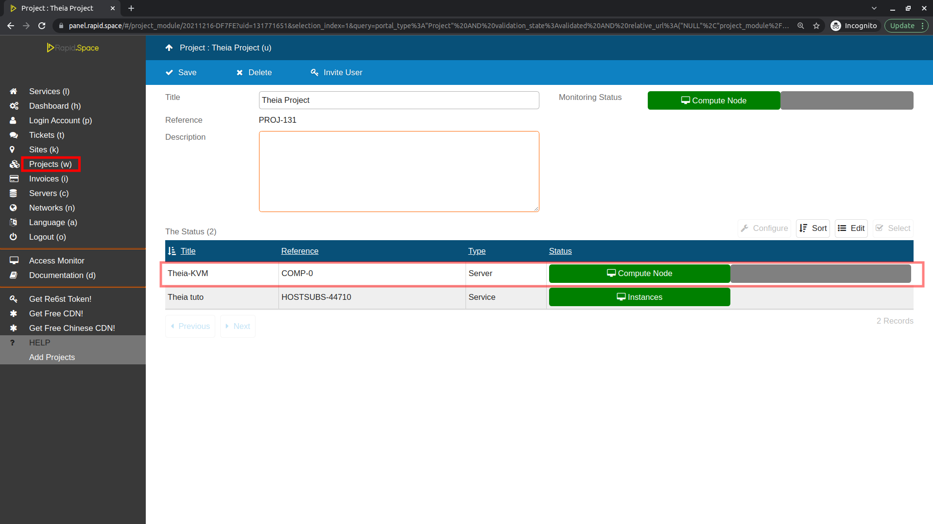 SlapOS Dashboard - Server associated to Site and Project