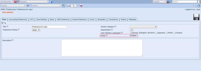 ERP5 | Open Source ERP - Screenshot Preferences Active Preference