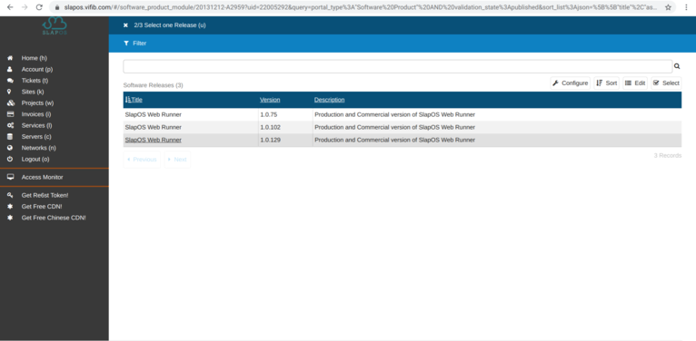 SlapOS Dashboard - Select Version Webrunner