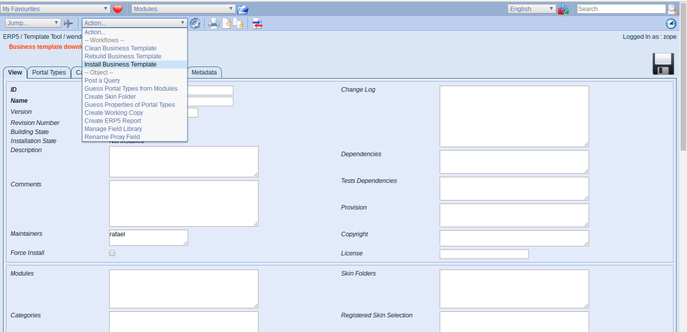 Wendelin ERP5 - Select Install Business Template Action