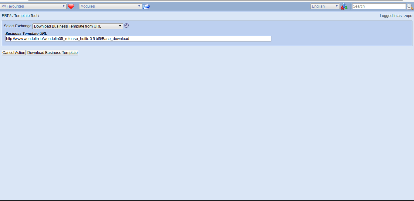 Wendelin ERP5 - Enter Business Template URL